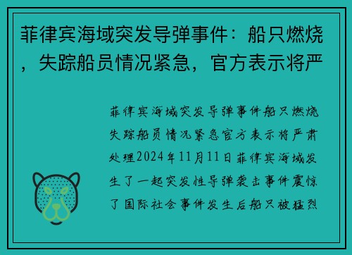 菲律宾海域突发导弹事件：船只燃烧，失踪船员情况紧急，官方表示将严肃处理