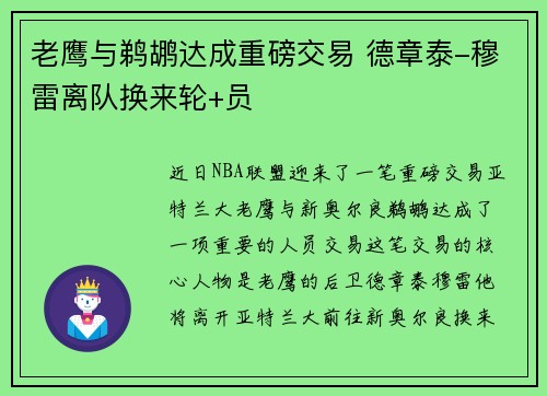 老鹰与鹈鹕达成重磅交易 德章泰-穆雷离队换来轮+员