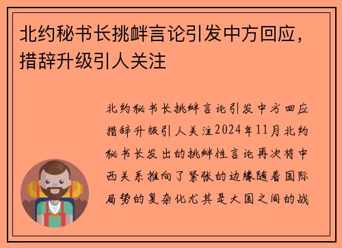 北约秘书长挑衅言论引发中方回应，措辞升级引人关注