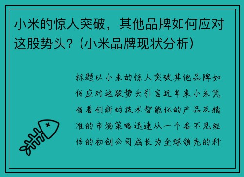 小米的惊人突破，其他品牌如何应对这股势头？(小米品牌现状分析)